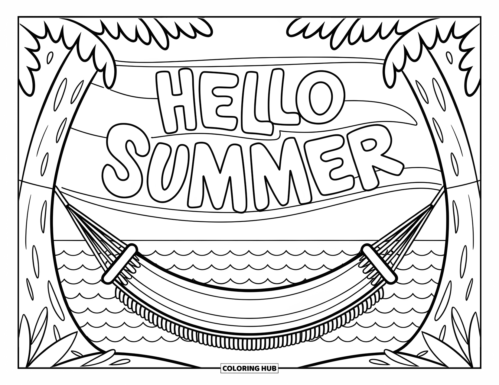 Hello Summer Coloring Page for Kids: A beach hammock scene with trees and a flowing "Hello Summer" banner
