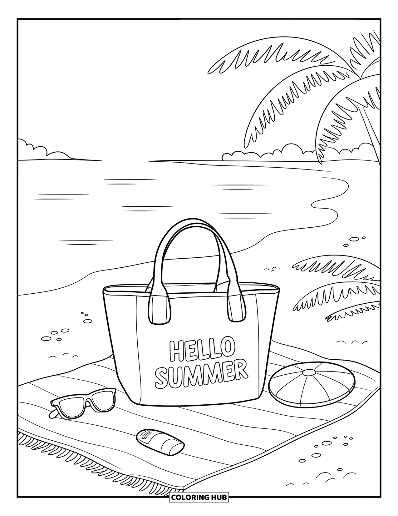 Hello Summer Coloring Page for Kids: A beach setup with a summer tote, sunblock, and "Hello Summer" nearby
