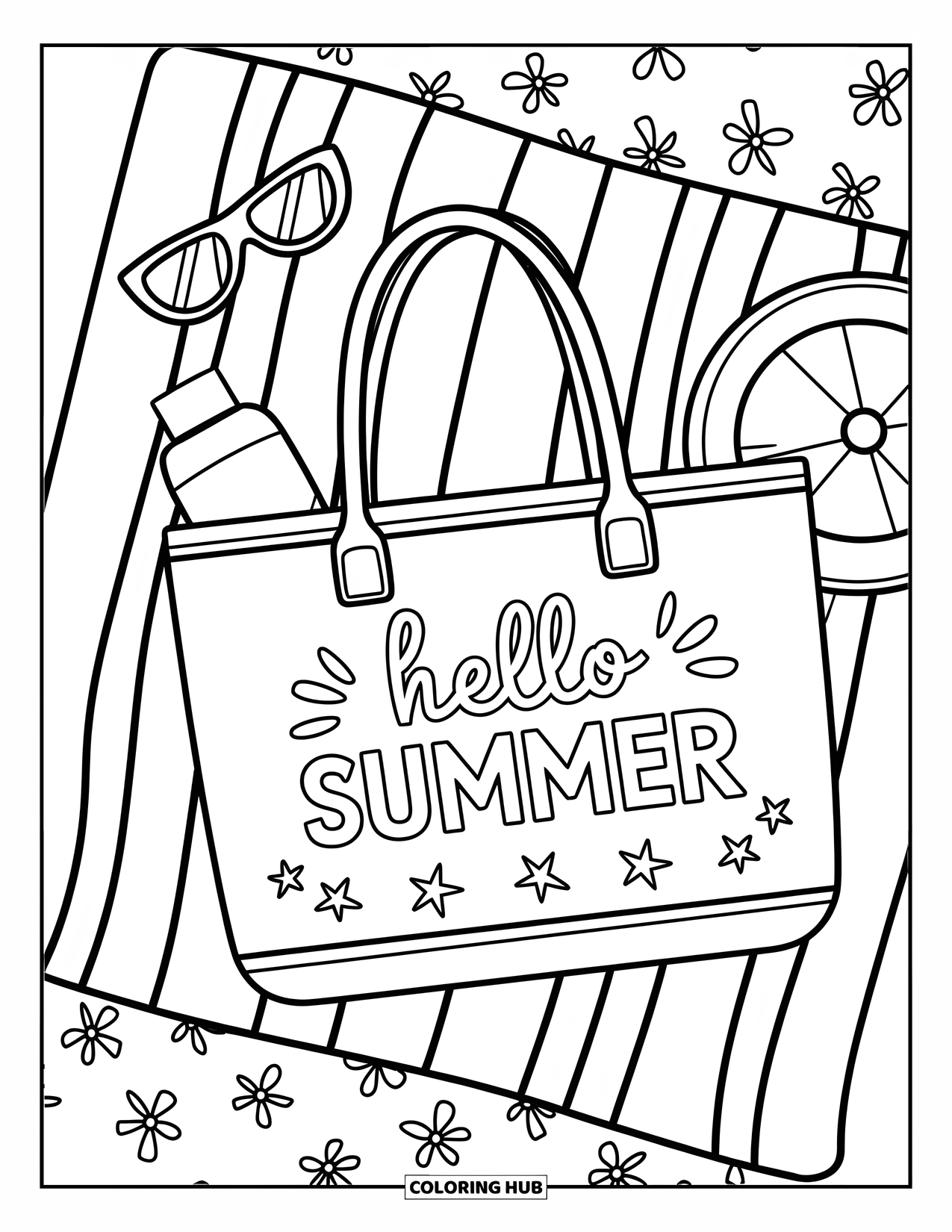 Hello Summer Coloring Page for Kids: A beach towel holds a tote, sunglasses, sunblock, and frisbee beside "Hello Summer"