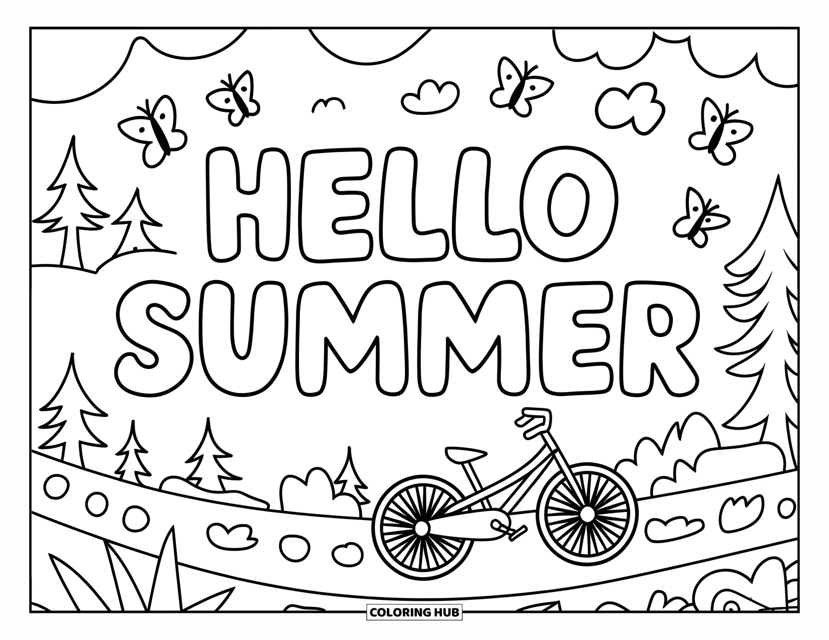 Hello Summer Coloring Page for Kids: A bike trail scene with trees, butterflies, and "Hello Summer" above