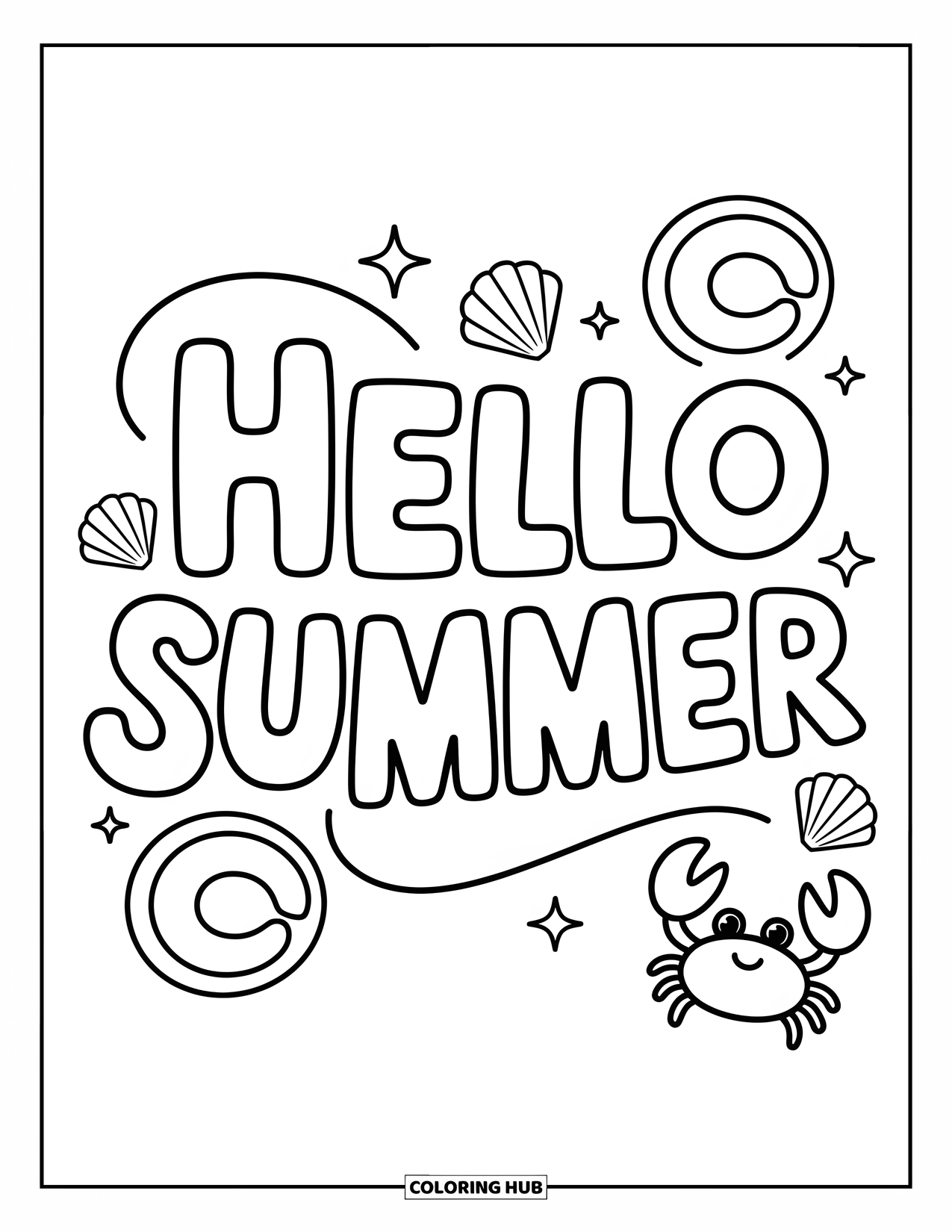 Hello Summer Coloring Page for Kids: A cheerful crab and seashells dance around "Hello Summer" in a cozy, outlined style