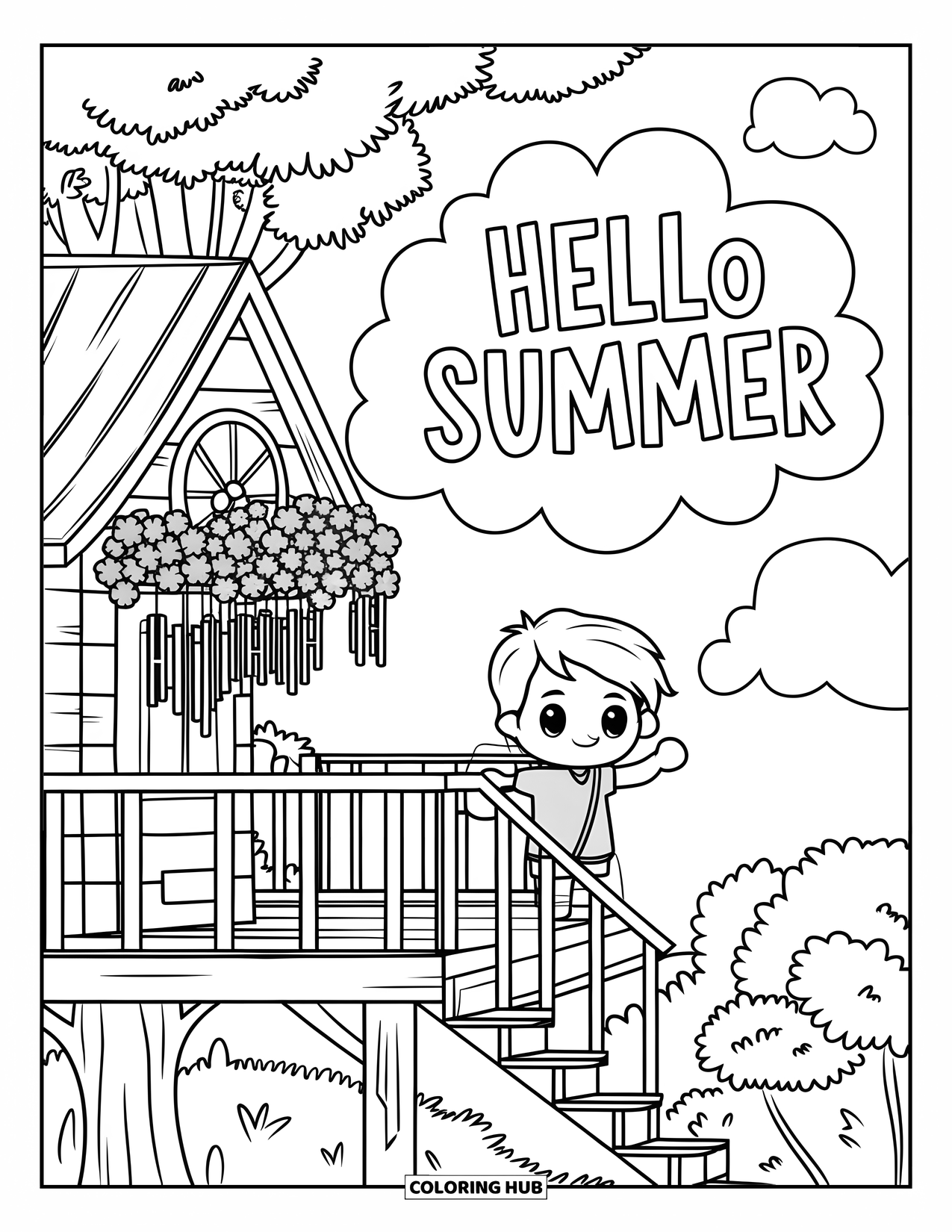 Hello Summer Coloring Page for Kids: A cheerful kid waves from a treehouse surrounded by flowers and floating cloud letters