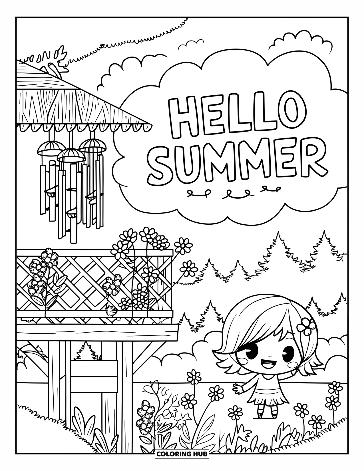 Hello Summer Coloring Page for Kids: A chibi kid waves from a cozy treehouse with "Hello Summer" floating in the clouds