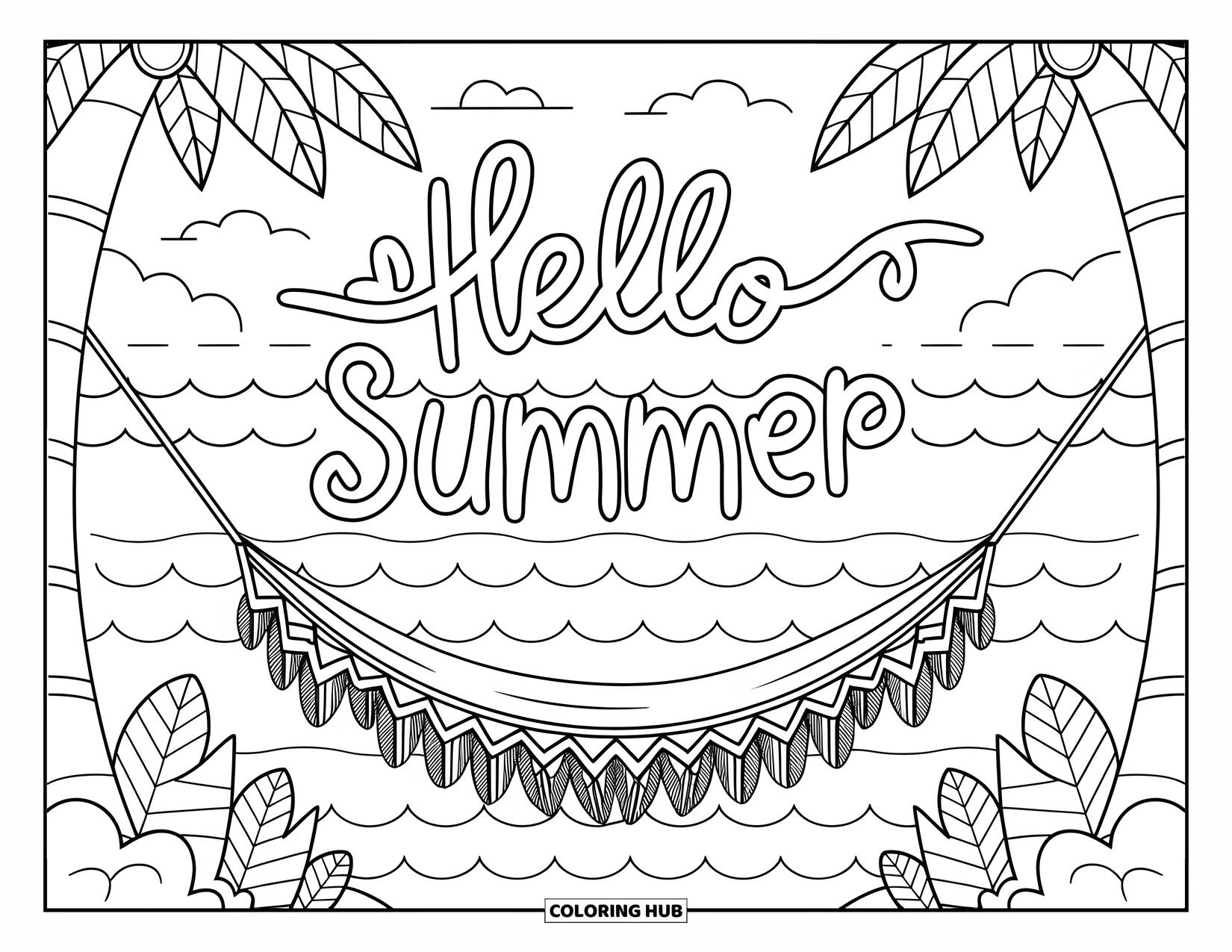 Hello Summer Coloring Page for Kids: A cozy hammock between trees with waves behind and "Hello Summer" above