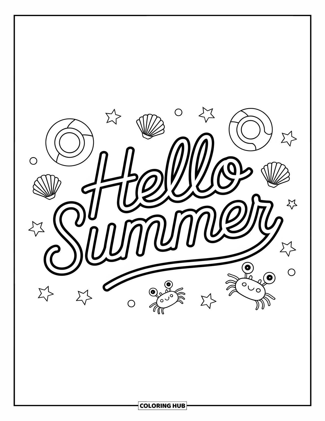 Hello Summer Coloring Page for Kids: A cute crab, seashells, and floaty rings frame a fun "Hello Summer" greeting