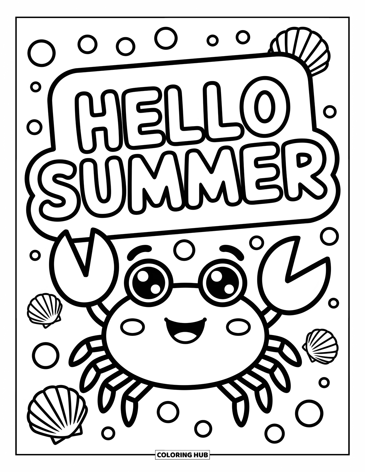 Hello Summer Coloring Page for Kids: A cute crab with a big smile waves beneath a bubbly "Hello Summer" sign