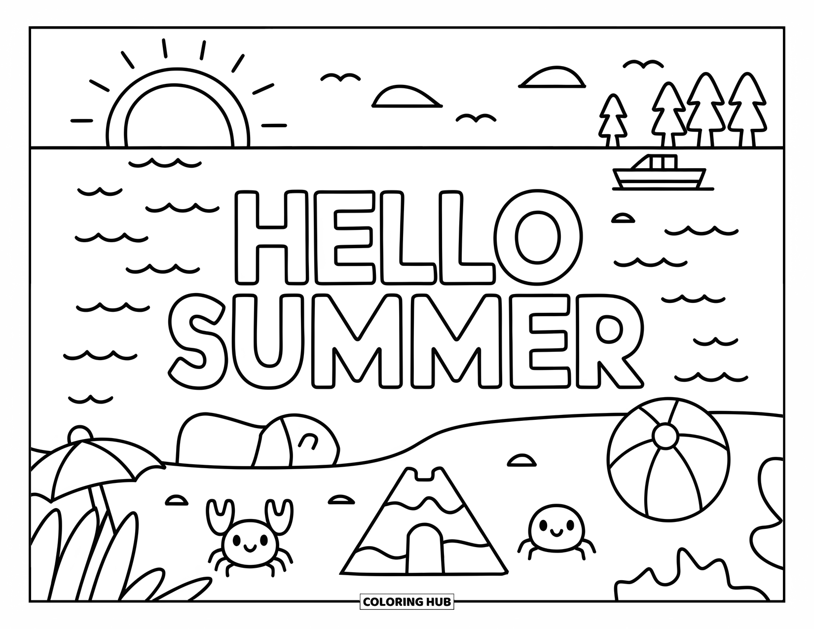 Hello Summer Coloring Page for Kids: A fun beach day with crabs, beach ball, and "Hello Summer" in the sky