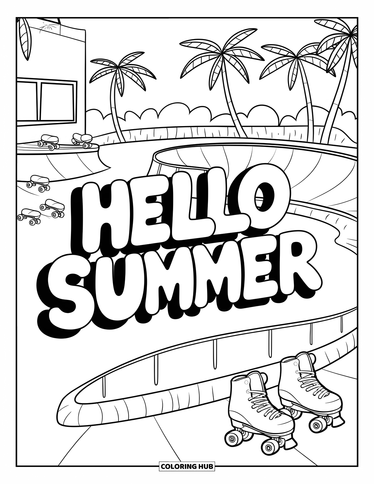 Hello Summer Coloring Page for Kids: A fun skate park with bold "Hello Summer" letters and palm trees all around