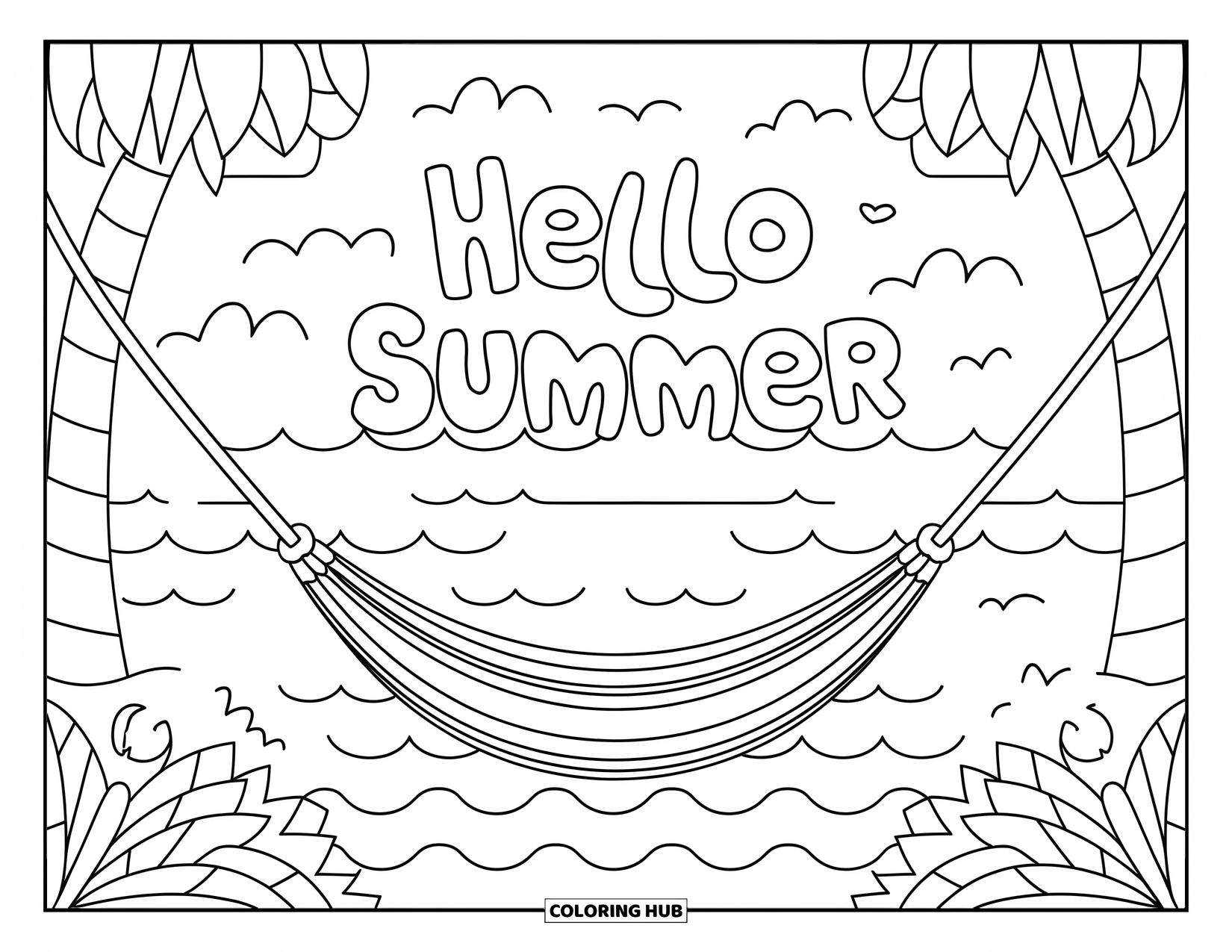 Hello Summer Coloring Page for Kids: A hammock hangs between two trees with waves and "Hello Summer" above