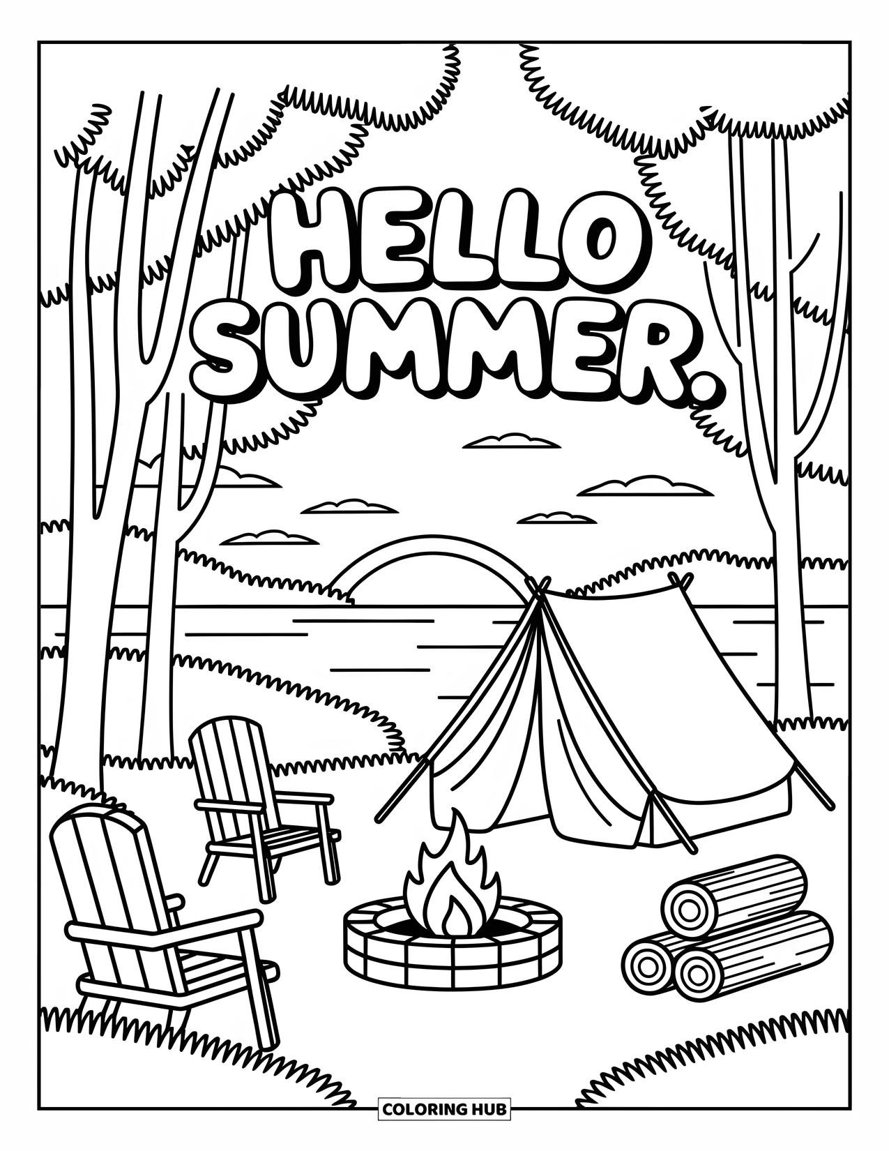 Hello Summer Coloring Page for Kids: A lakeside camp scene shows a fire pit and tent beneath a "Hello Summer" sign