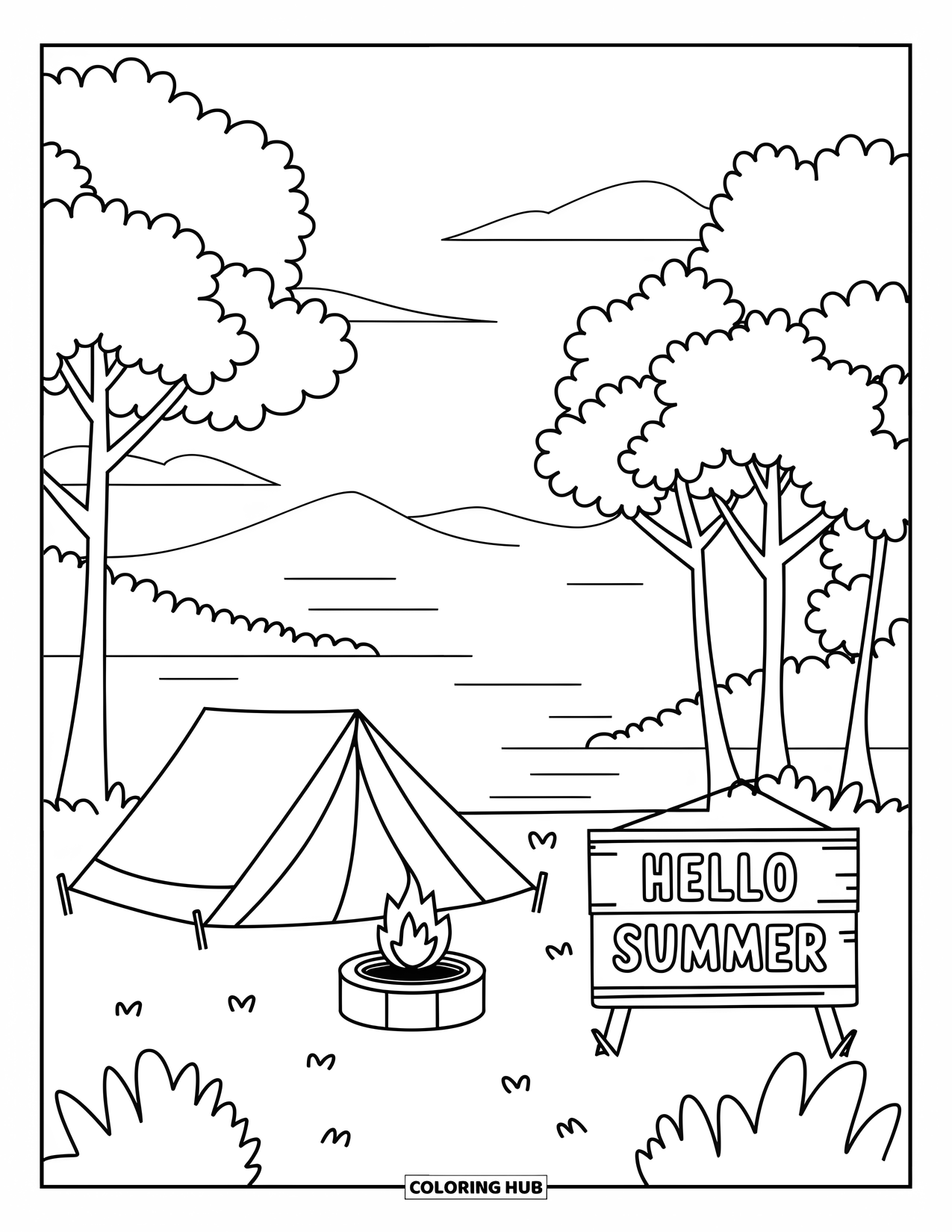 Hello Summer Coloring Page for Kids: A lakeside campsite features a tent, fire pit, and a "Hello Summer" welcome sign