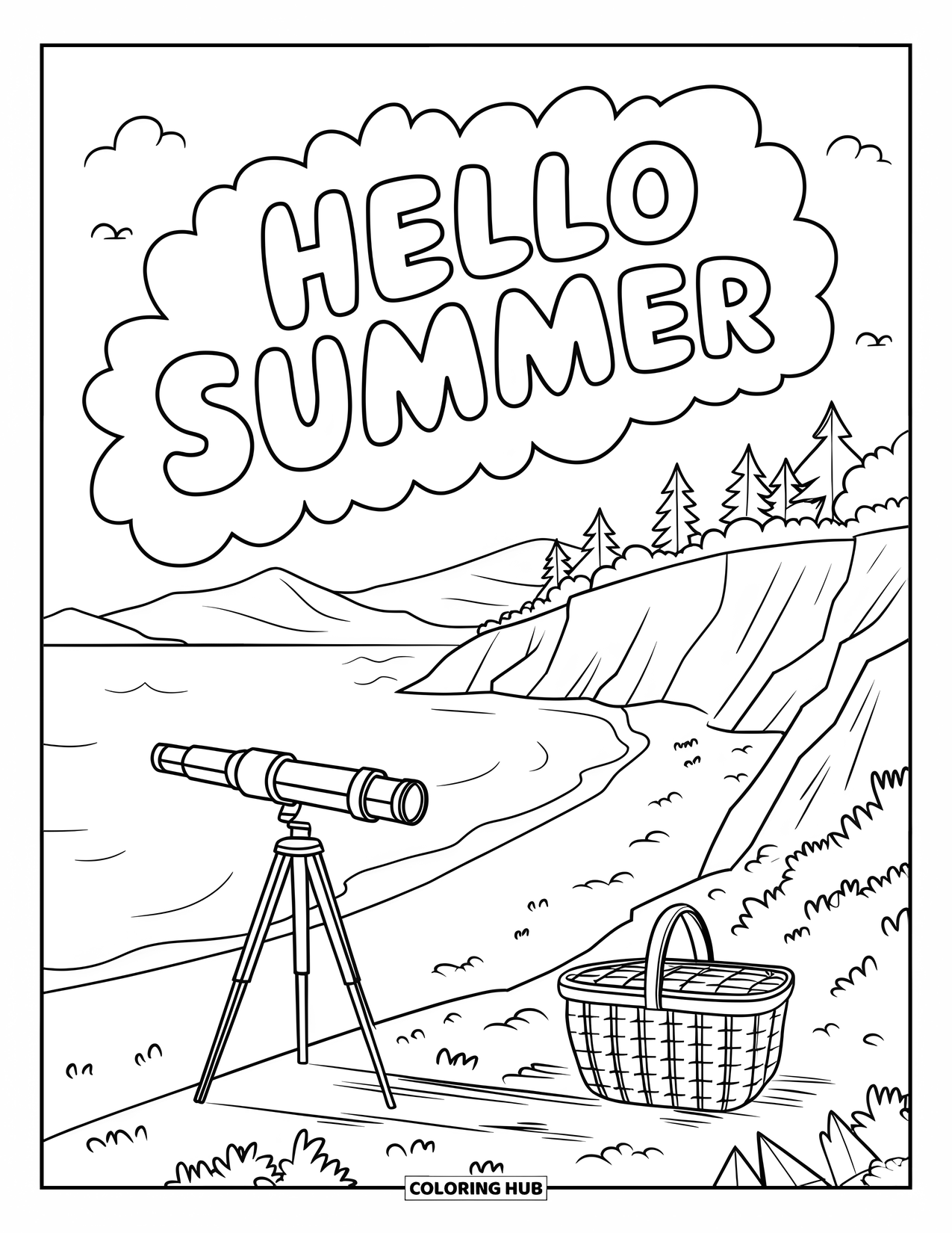Hello Summer Coloring Page for Kids: A peaceful cliffside beach with a telescope and "Hello Summer" in the sky