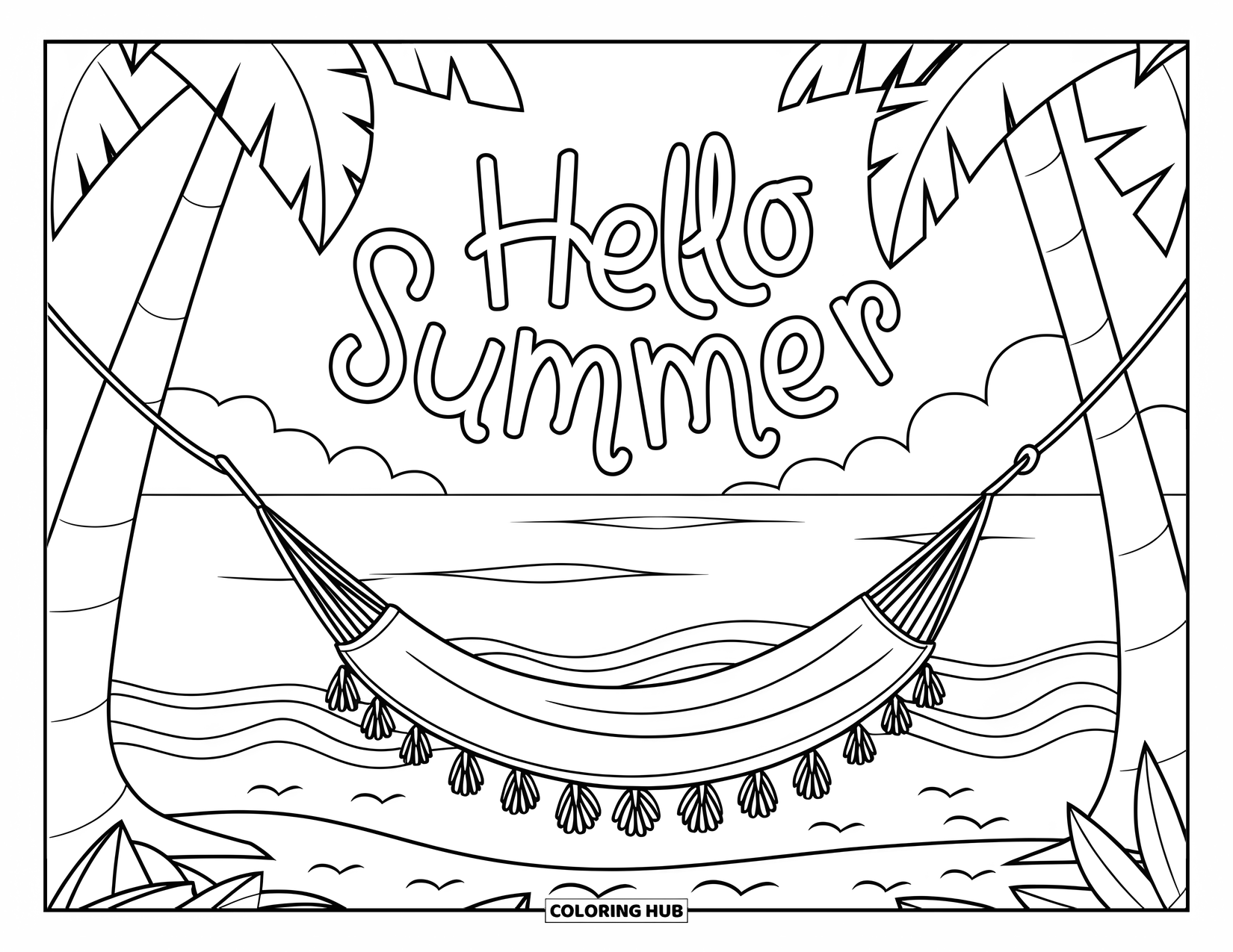 Hello Summer Coloring Page for Kids: A peaceful hammock on the beach with waves and a "Hello Summer" sky banner