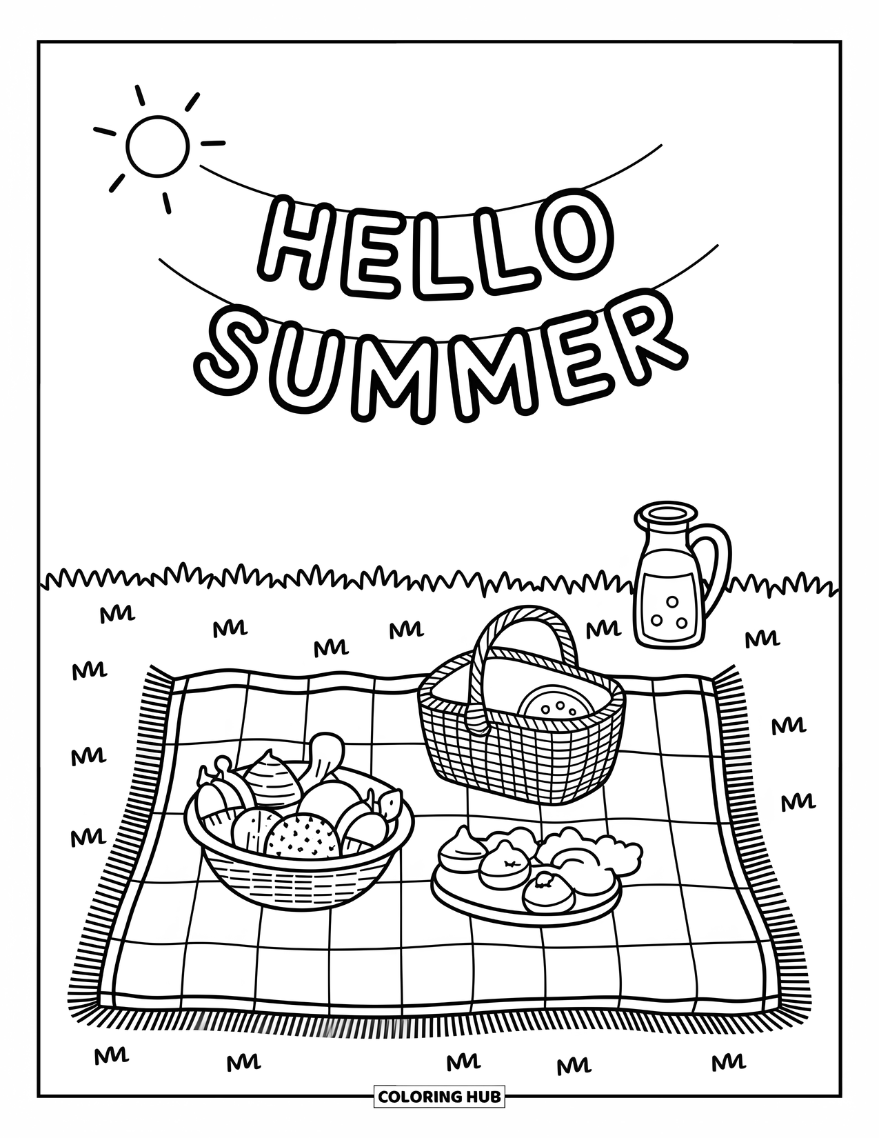 Hello Summer Coloring Page for Kids: A picnic scene with blanket, food basket, and "Hello Summer" hanging above