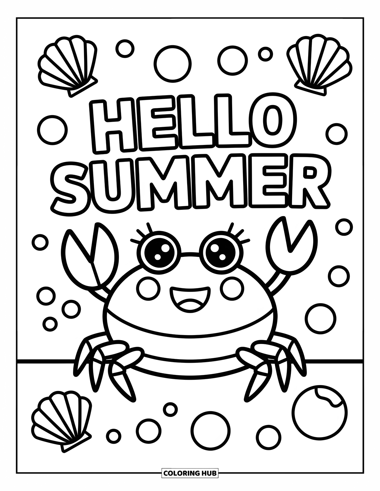 Hello Summer Coloring Page for Kids: A playful crab waves by bubbles and shells under "Hello Summer"