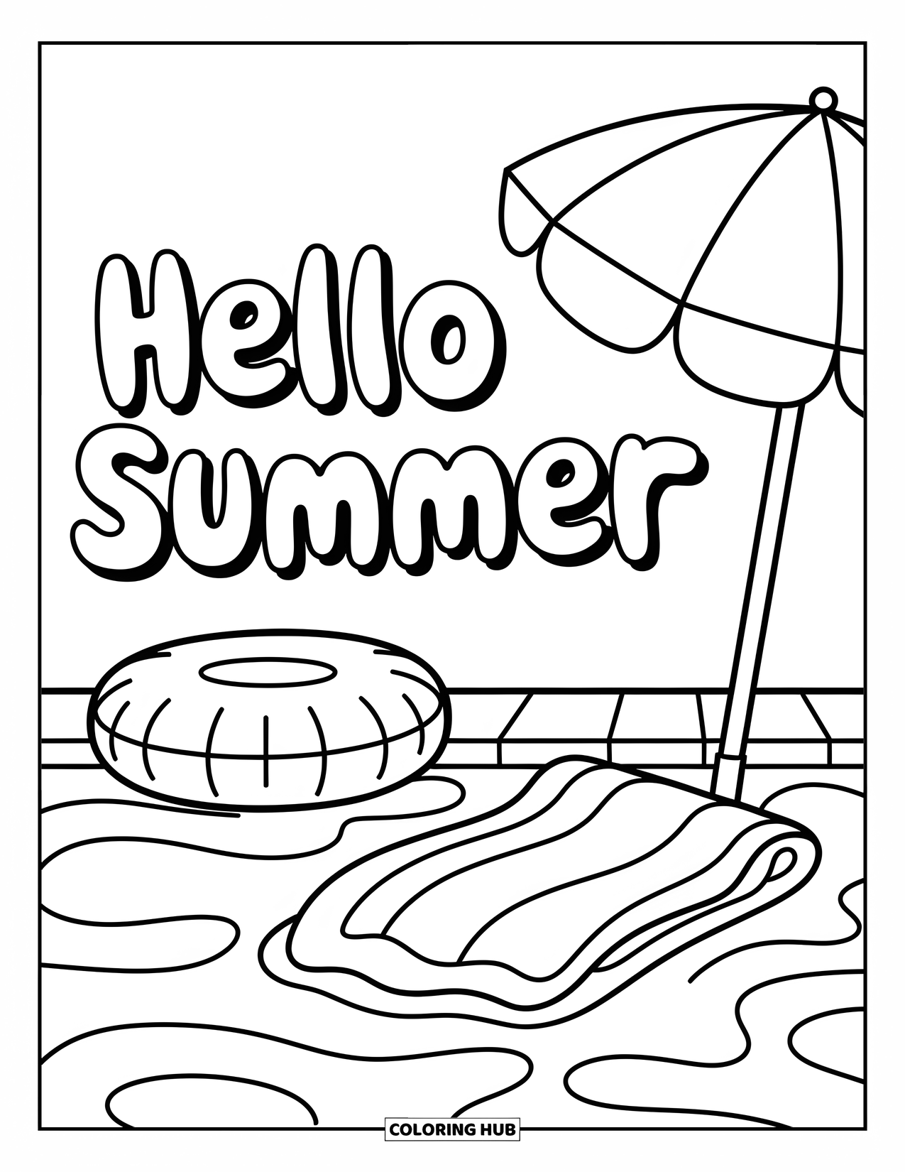 Hello Summer Coloring Page for Kids: A pool scene with floaty and umbrella is topped with "Hello Summer" in big letters