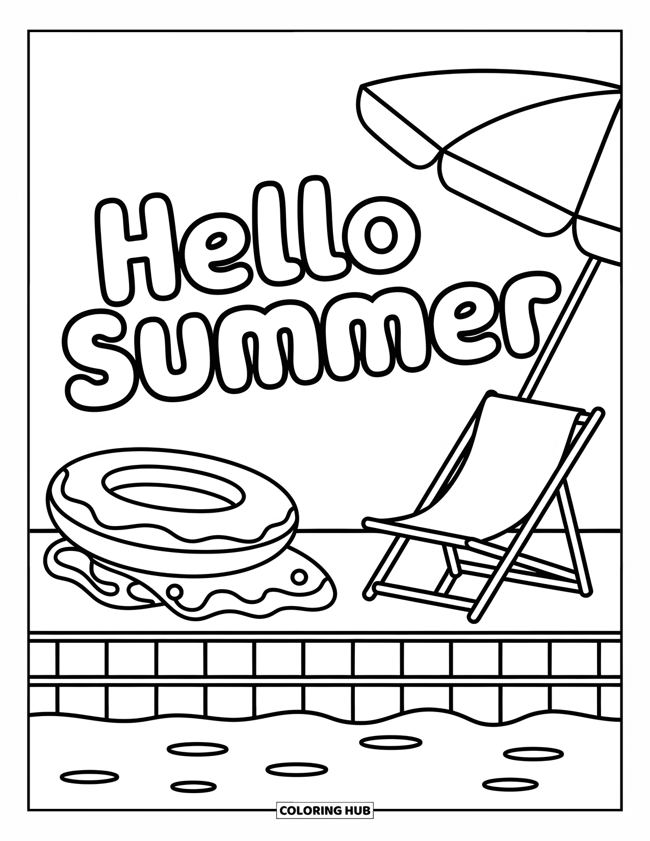 Hello Summer Coloring Page for Kids: A poolside setup with floaty and umbrella sits under a "Hello Summer" banner