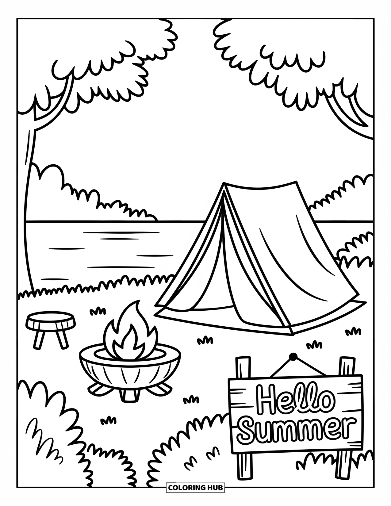 Hello Summer Coloring Page for Kids: A quiet lake campsite with a tent and "Hello Summer" on a wooden sign