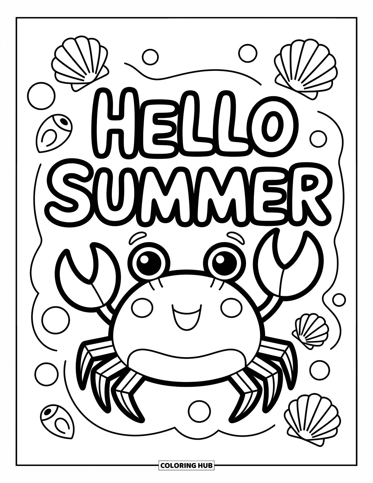 Hello Summer Coloring Page for Kids: A smiling crab and seashells play below a bold "Hello Summer" message