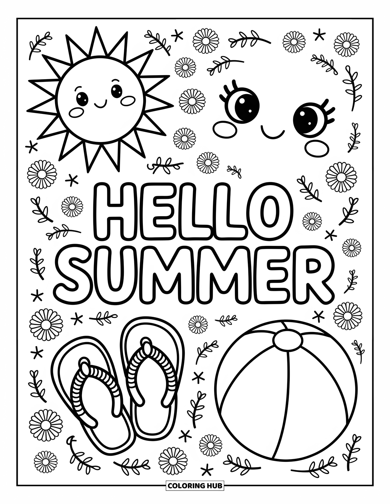 Hello Summer Coloring Page for Kids: A smiling sun, flip-flops, and a beach ball surround a bubbly "Hello Summer" message