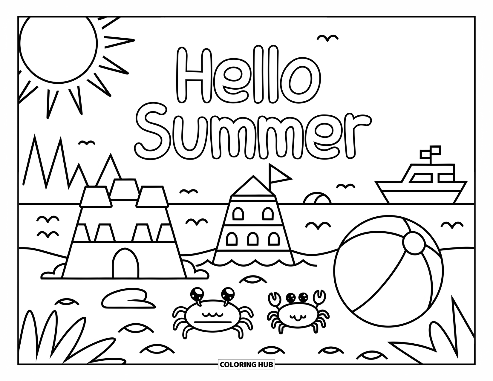 Hello Summer Coloring Page for Kids: A sunny beach with a sandcastle and "Hello Summer" in big letters