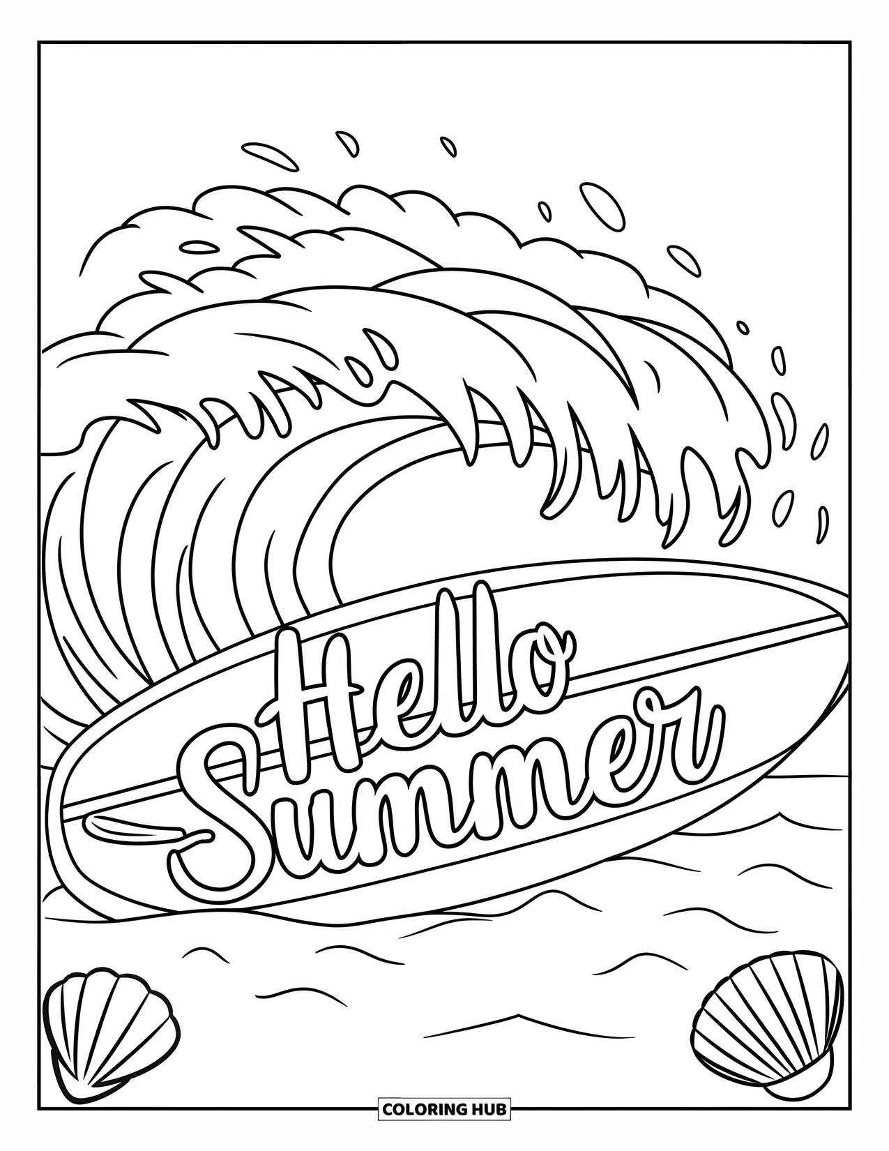 Hello Summer Coloring Page for Kids: A surfboard stuck in sand with a crashing wave and "Hello Summer" text