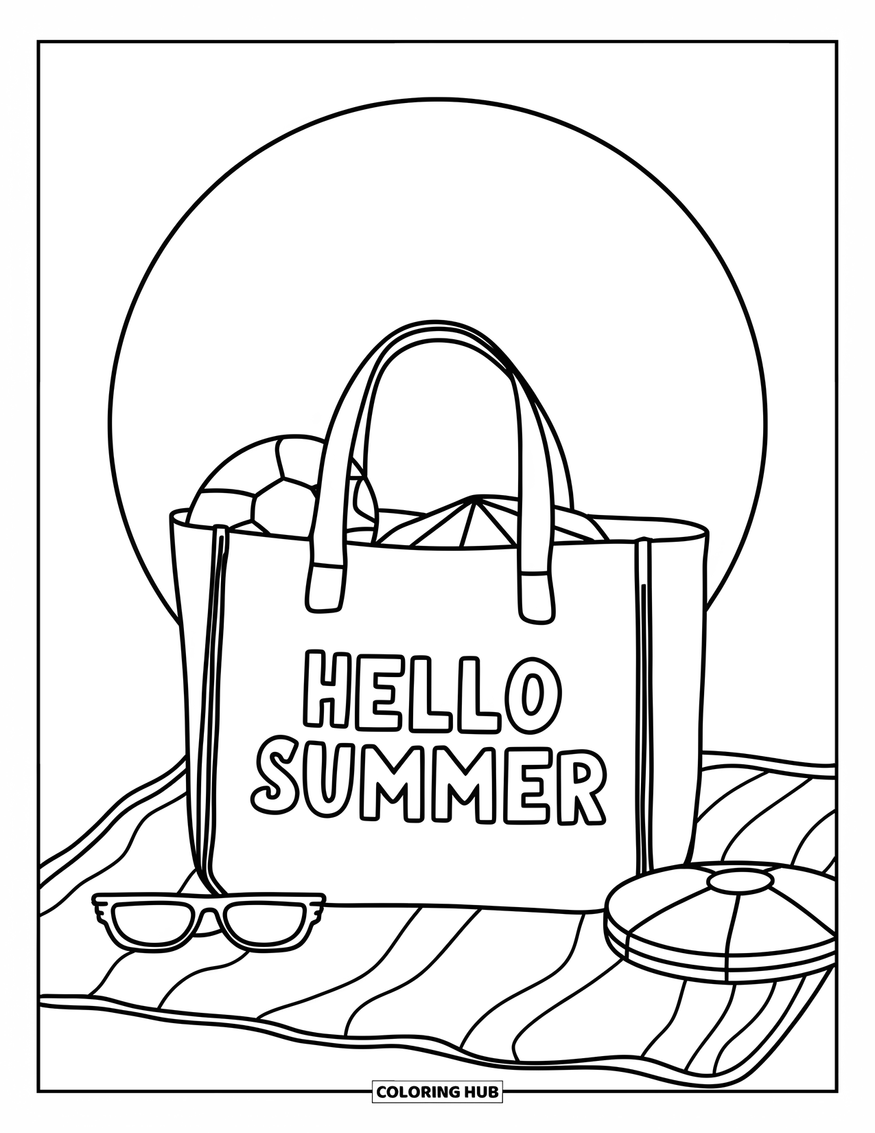 Hello Summer Coloring Page for Kids: A tote labeled "Hello Summer" sits with beach day items on a towel