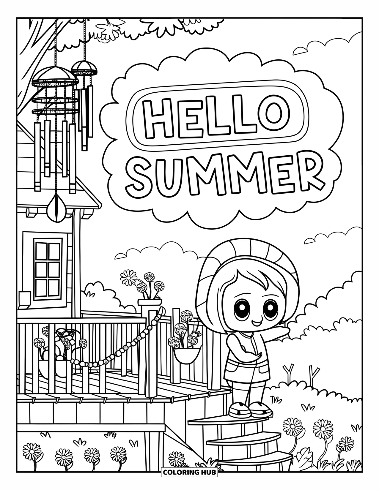 Hello Summer Coloring Page for Kids: A treehouse deck scene with flowers, wind chimes, and "Hello Summer" in the sky