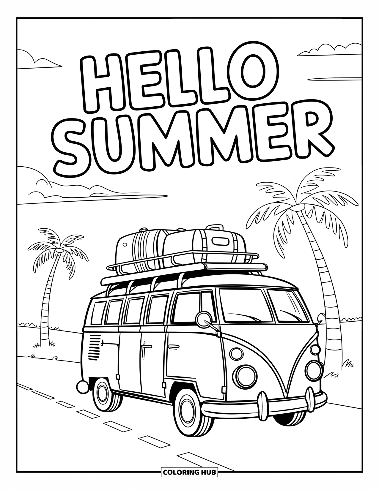 Hello Summer Coloring Page for Kids: A van packed for summer with palm trees and "Hello Summer" overhead