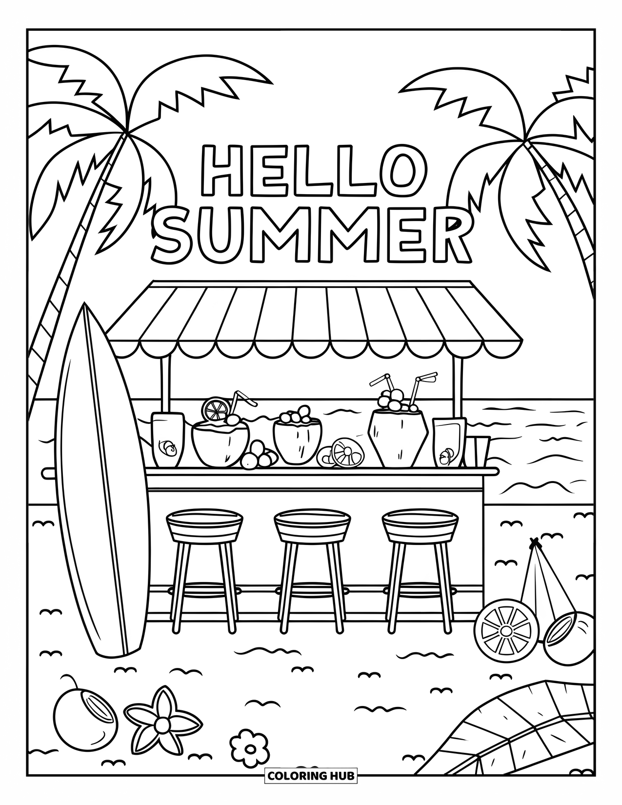 Hello Summer Coloring Page for Kids: Coconut drinks and a surfboard sit at a beach bar beneath "Hello Summer"