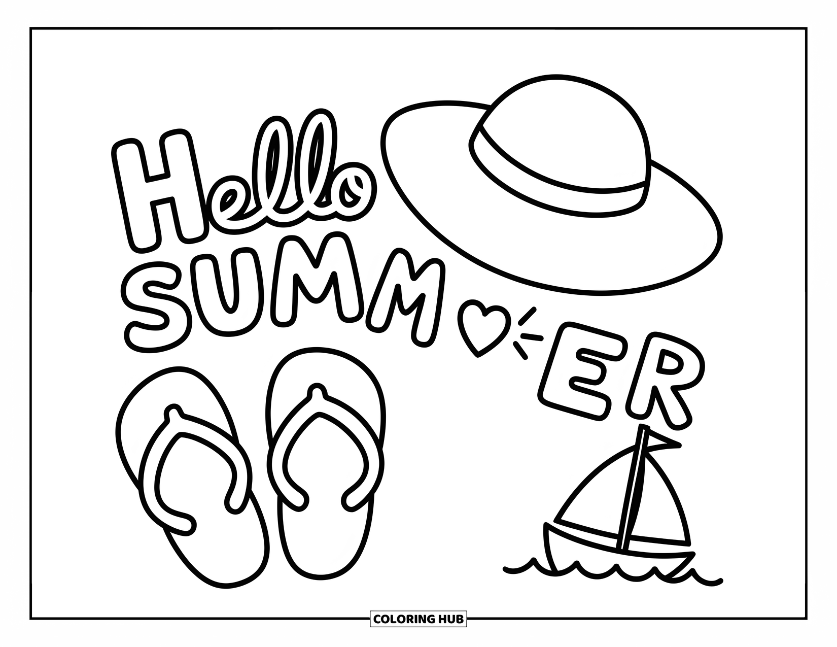 Hello Summer Coloring Page for Kids: Flip-flops and a sunhat rest beside a boat in a cheerful beach scene