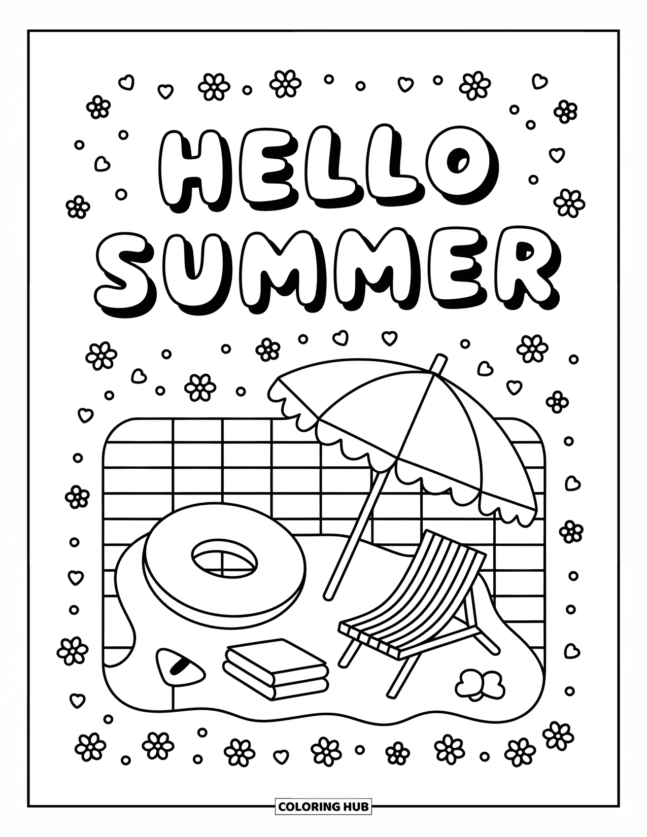 Hello Summer Coloring Page for Kids: Floaties and a towel rest poolside beneath a cheerful "Hello Summer" sign