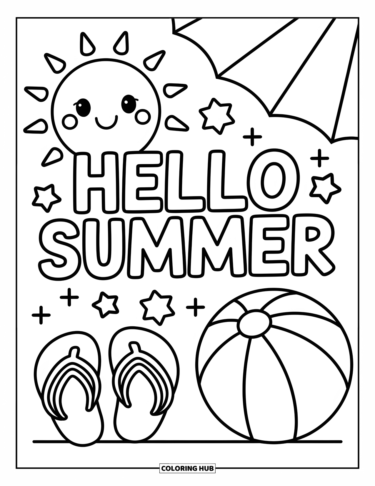 Hello Summer Coloring Page for Kids: "Hello Summer" shines above a beach ball, sun, and flip-flops in a happy summer scene