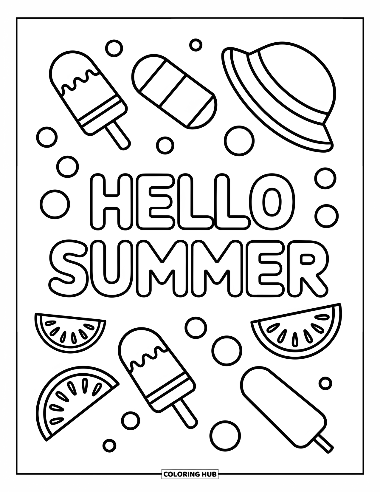 Hello Summer Coloring Page for Kids: "Hello Summer" sits among popsicles, watermelon slices, and a playful sunhat