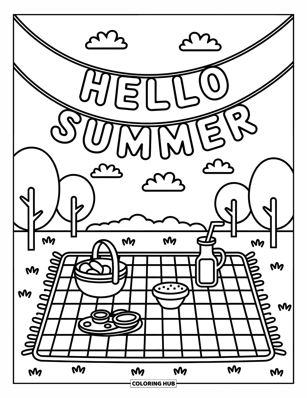 Hello Summer Coloring Page for Kids: Lemonade and snacks rest on a picnic blanket under a "Hello Summer" banner