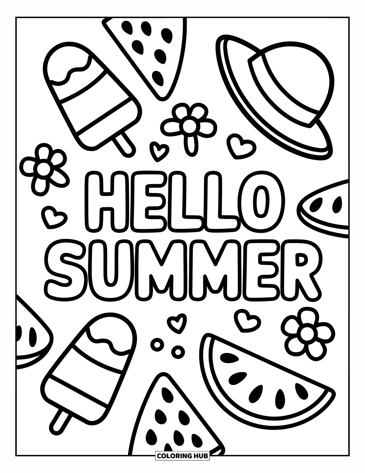 Hello Summer Coloring Page for Kids: Popsicles and watermelon rest near "Hello Summer" in a fun and cozy summer scene
