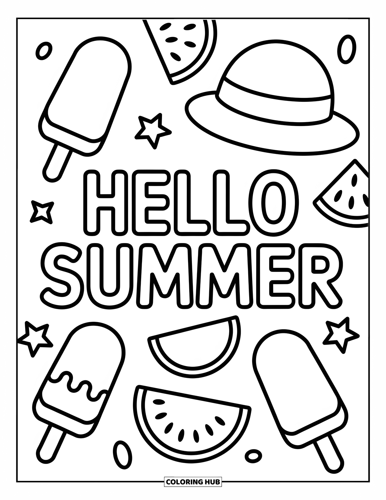 Hello Summer Coloring Page for Kids: Popsicles, watermelon slices, and a sunhat surround a bold "Hello Summer" greeting