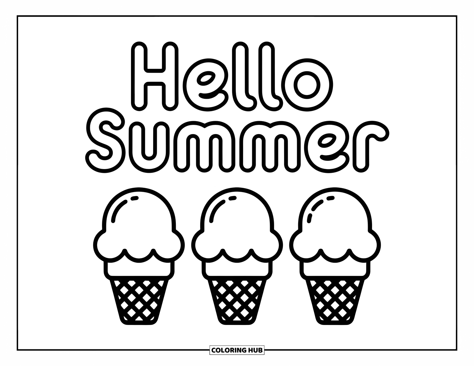 Hello Summer Coloring Page for Kids: Simple ice cream cones rest under a cheerful "Hello Summer" message