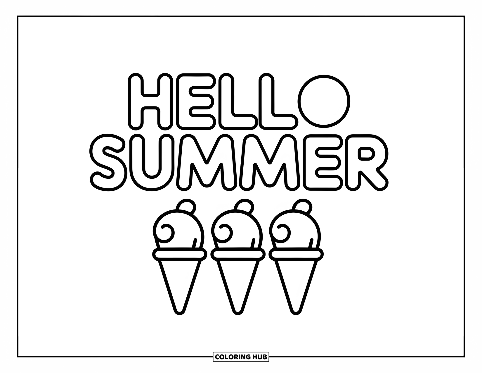 Hello Summer Coloring Page for Kids: Three ice cream cones sit neatly below a big "Hello Summer" greeting