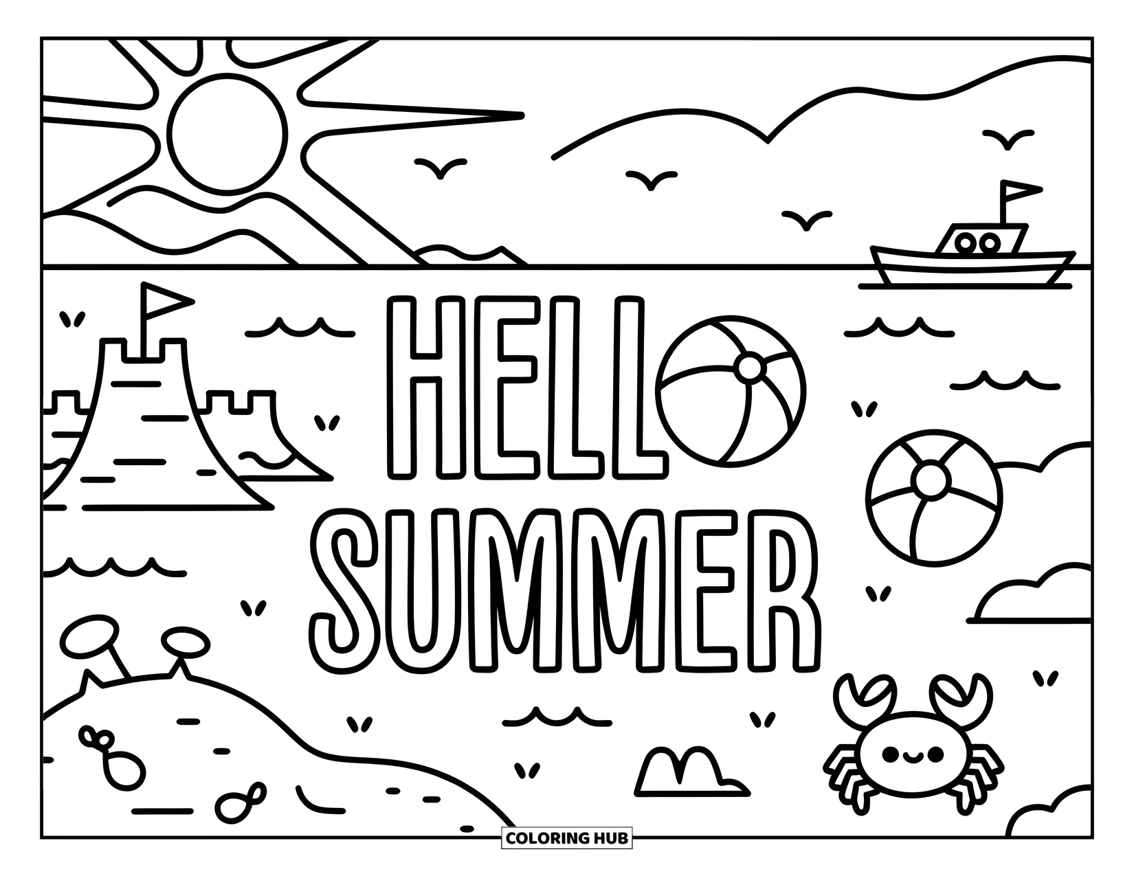 Hello Summer Coloring Page for Kids: Two crabs play near a sandcastle beneath the words "Hello Summer"