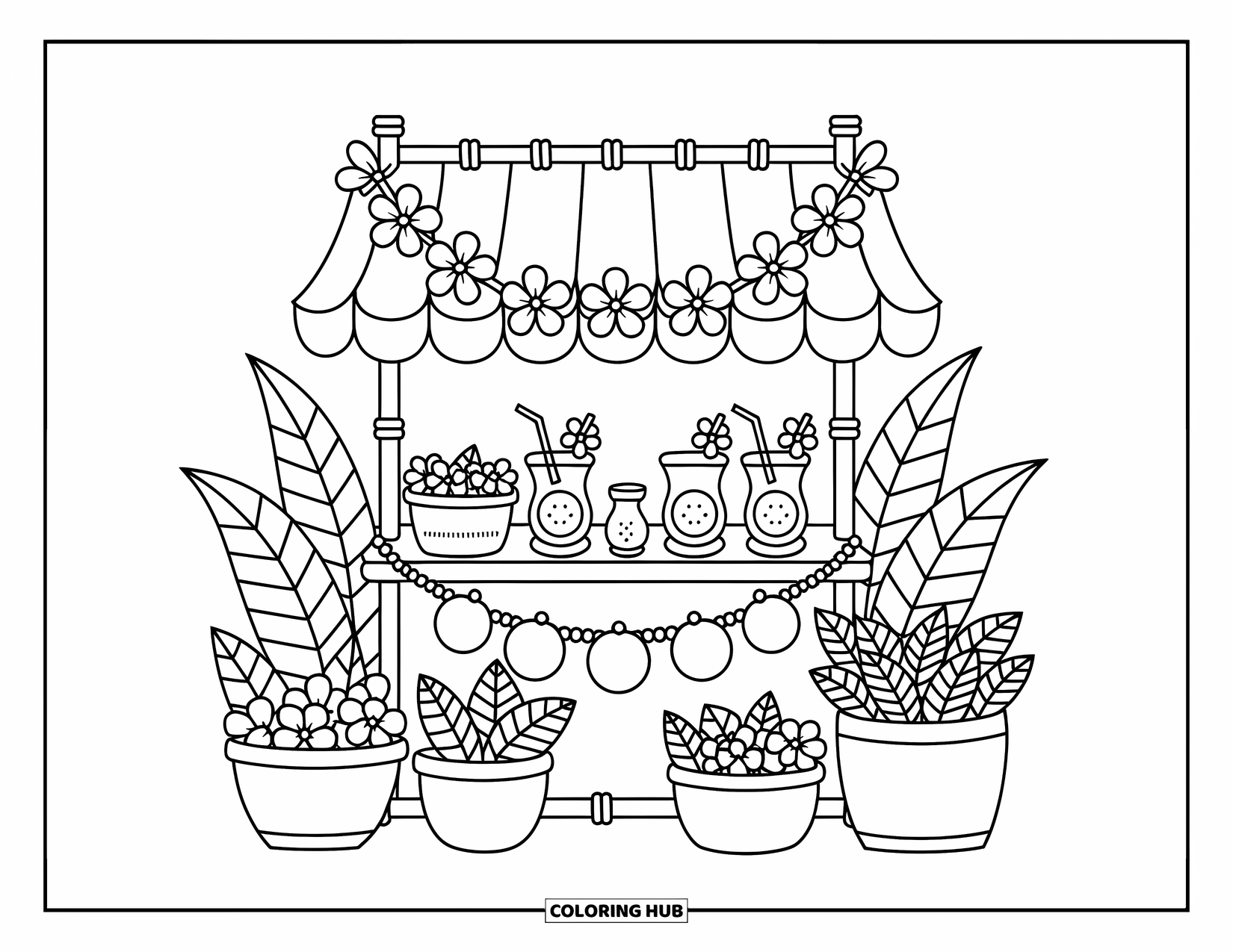Hibiscus Coloring Page for Adults: Bamboo stall with hibiscus garland and tropical goodies