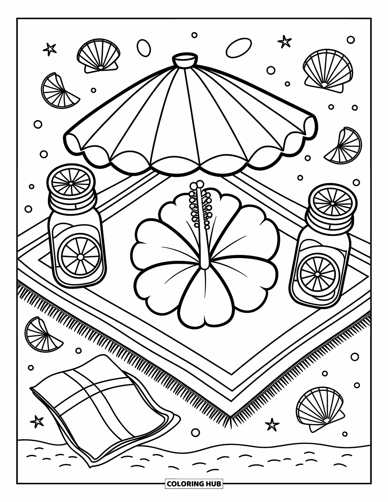 Hibiscus Coloring Page for Adults: Cozy picnic spot with hibiscus shade and seashell border