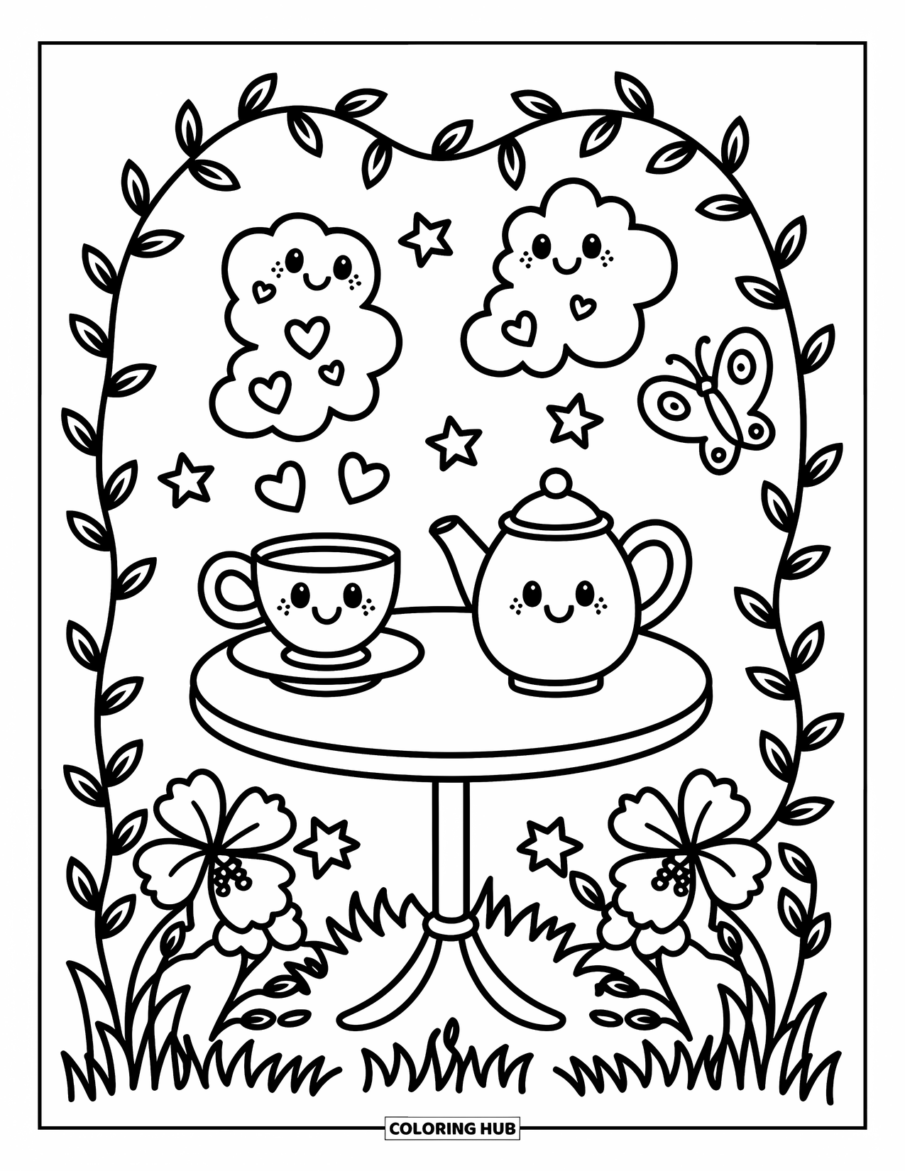 Hibiscus Coloring Page for Adults: Cute tea table with steam hearts, hibiscus, and a butterfly