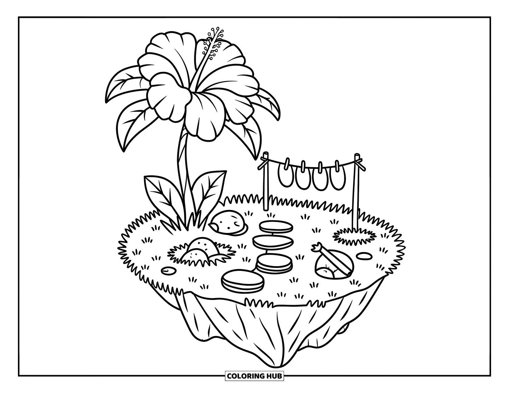 Hibiscus Coloring Page for Adults: Floating island with a hibiscus tree, tiny path, and playful laundry