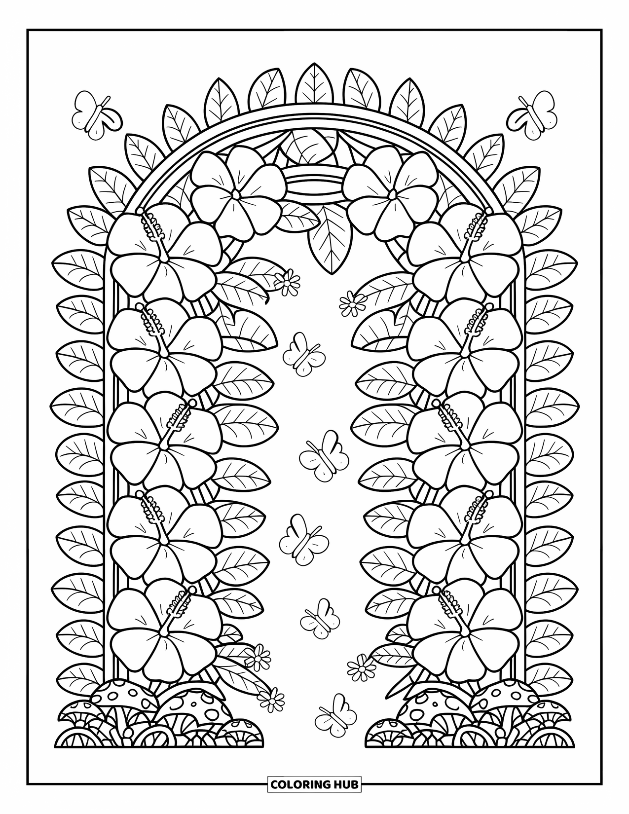 Hibiscus Coloring Page for Adults: Flower-covered trellis with mushrooms, butterflies, and garden magic