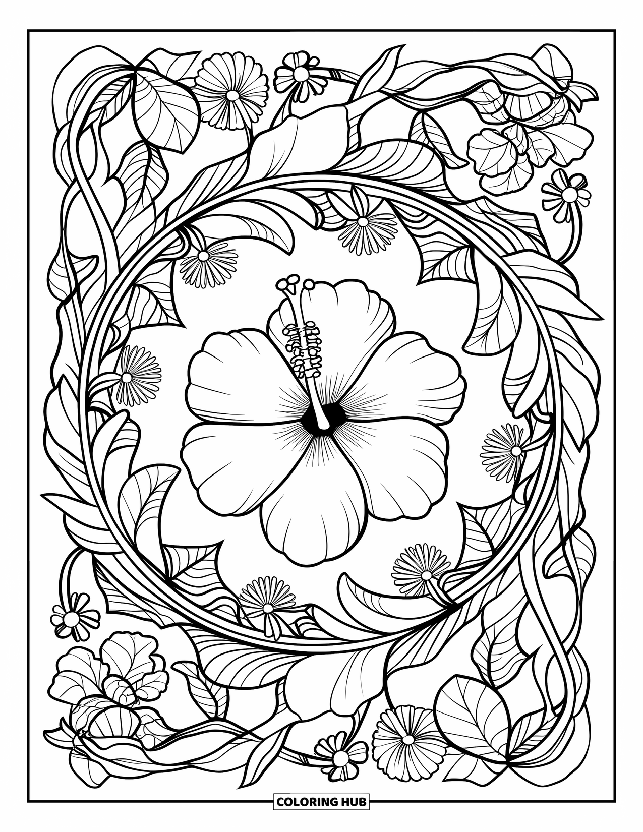 Hibiscus Coloring Page for Adults: Hibiscus bloom in the middle of a leafy mandala design