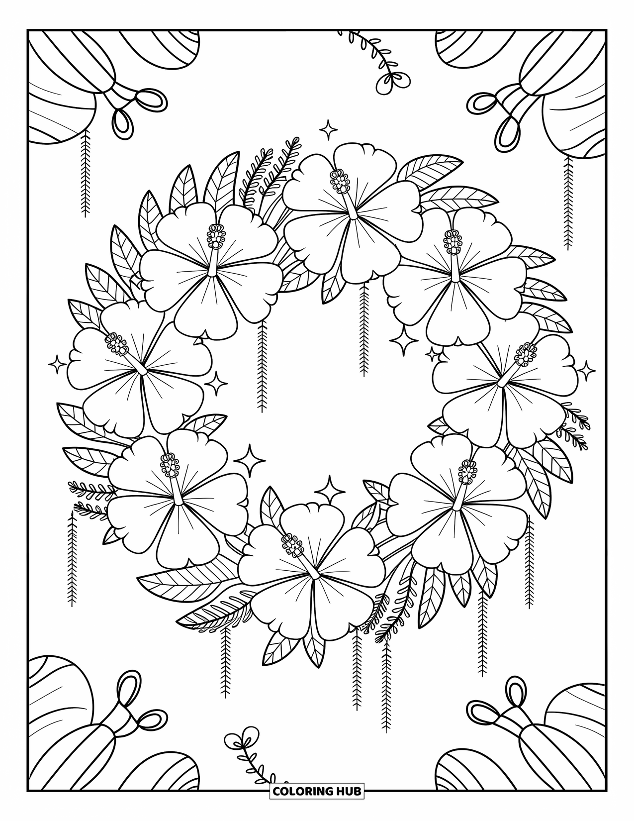 Hibiscus Coloring Page for Adults: Hibiscus blossom wreath with dangling ribbons and sparkly charm