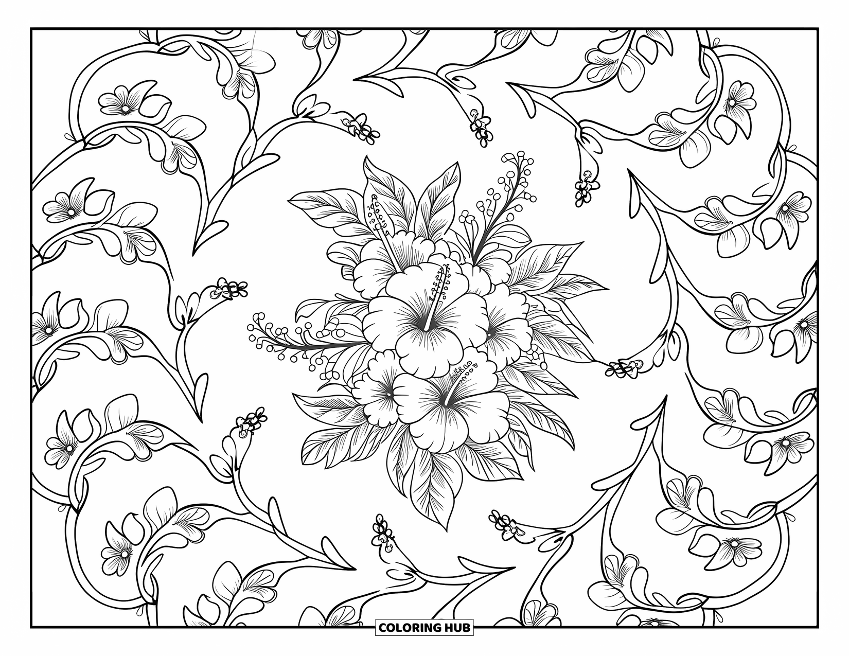 Hibiscus Coloring Page for Adults: Hibiscus flowers and vines create a relaxing circular mandala design