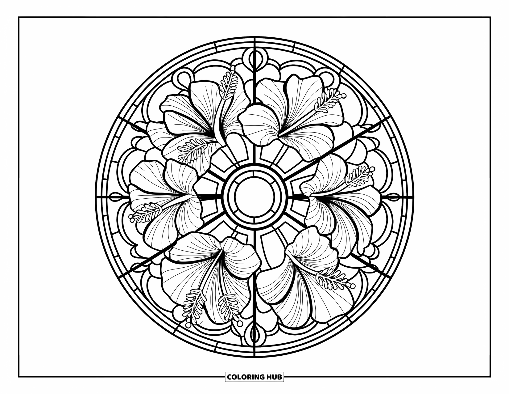 Hibiscus Coloring Page for Adults: Hibiscus flowers fill a stained-glass circle with pretty pane designs