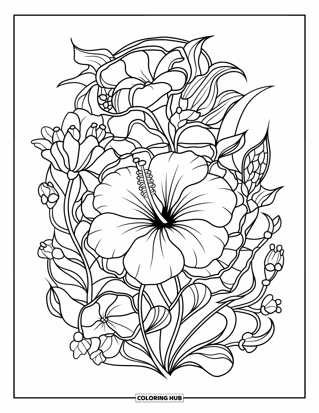 Hibiscus Coloring Page for Adults: Hibiscus surrounded by stained-glass vines and flower details